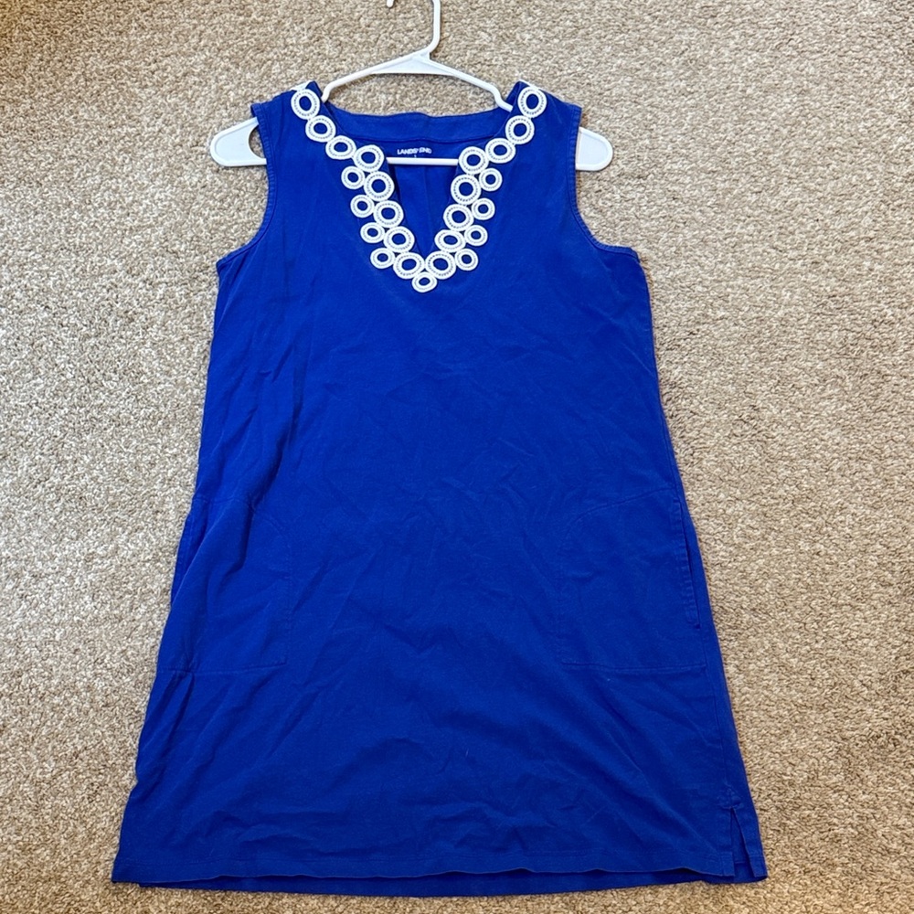 Lands’ End Blue Sleeveless Dress with White Trim, pockets